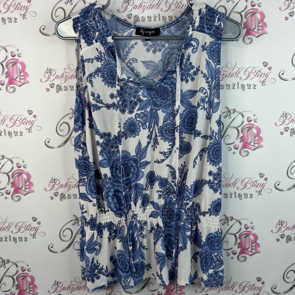 Lily Morgan tank top peplum ruffle hem paisley Floral Blue White Women's Top